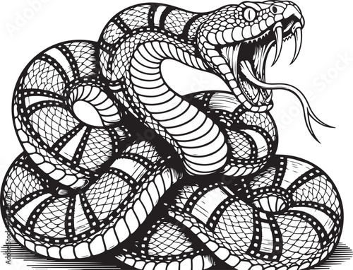 Intricate black and white illustration of a coiled snake with a prominent hood isolated on white background