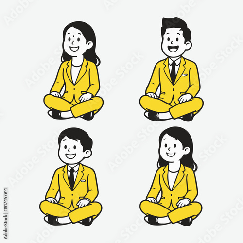 Cartoon Business People Meditating in Yellow Suits.