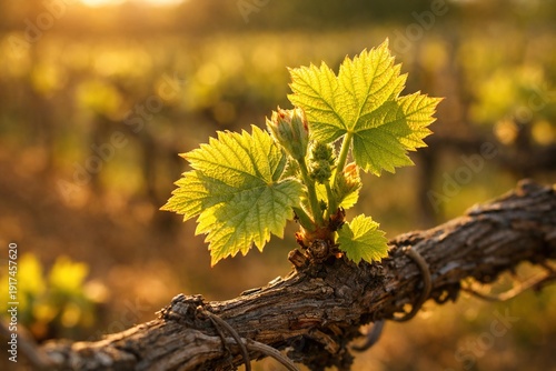 Tender Grapevine Leaves Bask in Golden Sunlight, Vineyard Awakening in Spring