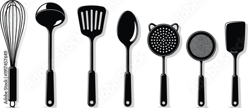 Kitchen utensil silhouette collection including whisk, ladle, spatula and skimmer isolated on white background vector set