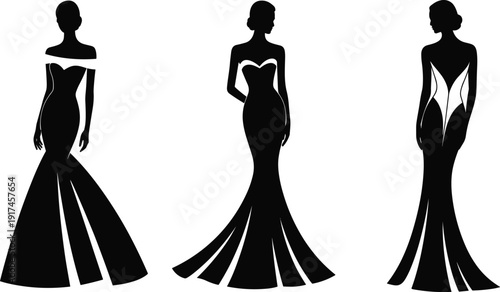 Elegant evening gown silhouettes illustration, mermaid dress design, fashion style motif, formal wear concept art, couture clothing graphic, runway identity