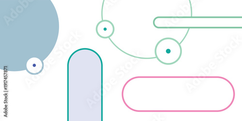 Abstract geometric shapes with rounded edges and soft pastel colors on a white background, featuring circles and rectangles.