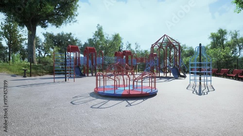 Wallpaper Mural A vibrant playground designed for children features climbing structures, slides, and spinning equipment, surrounded by green trees under a clear blue sky, inviting outdoor play. Torontodigital.ca