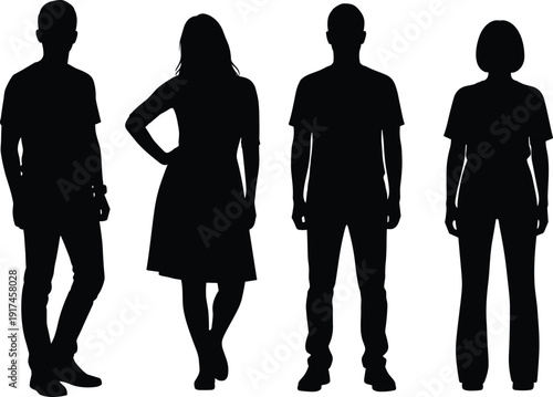 Men and women silhouette figures in casual standing poses isolated on white background, full body human character set