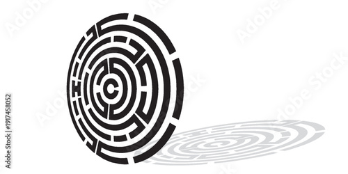 Circular black maze with a 3D perspective casting a shadow on a white background, symbolizing challenge and solution.