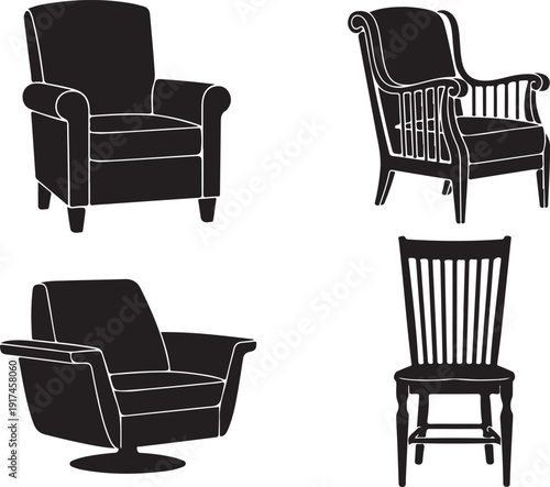 Four different types of chairs and armchairs in a black and white illustration isolated on white background