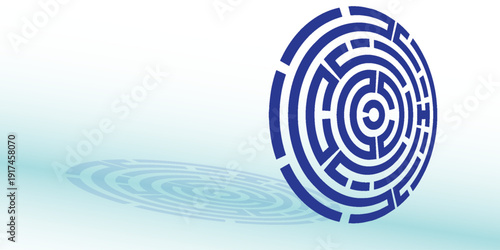 A blue circular maze with a shadow on a light blue gradient background, symbolizing complexity and problem-solving.