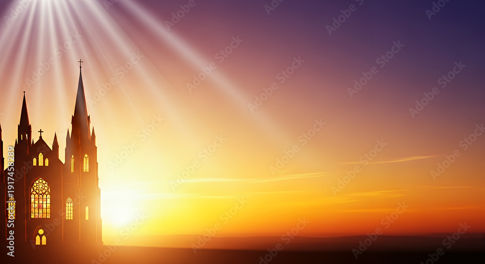 Fototapeta premium Pentecost Illuminated Church Sunset Background