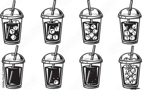 Assorted drinks in various cups with straws and fruit garnishes isolated on white background