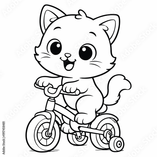 Cute Cat Riding Bicycle Kids Coloring Page Vector Line Art Illustration