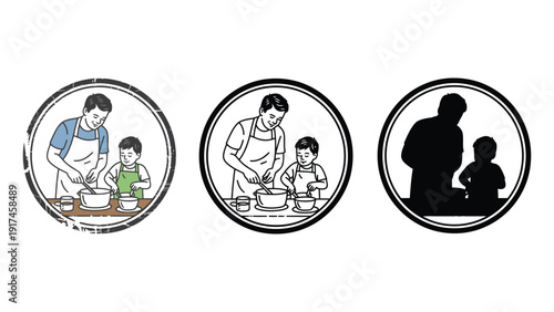 Father teaching son cooking skills in kitchen with illustrations and silhouette