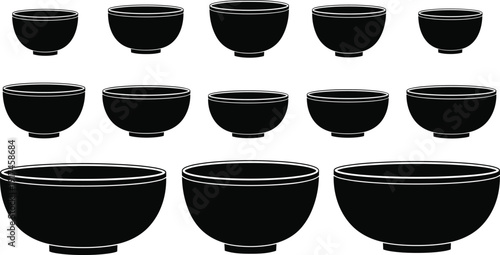 Set of bowl silhouette icons in various sizes isolated on white background, kitchen dishware collection vector illustration