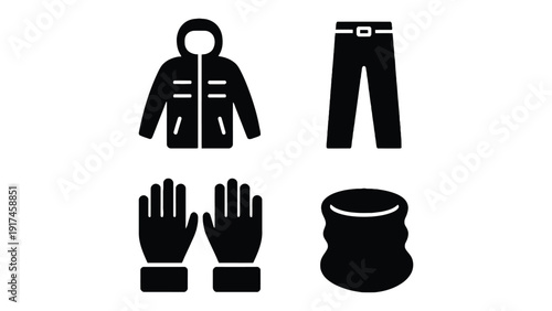 A set of winter clothing icons including a jacket, pants, gloves, and a neck gaiter.