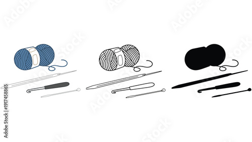Three sets of crochet hooks and yarn are displayed against a white background.