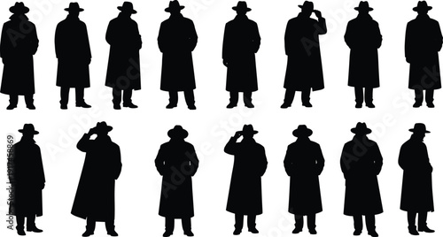 Set of detective silhouette figures in trench coat and fedora hat isolated on white background, mystery spy character collection