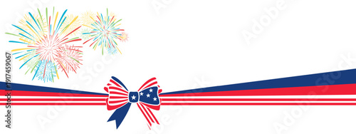 Patriotic ribbon bow with American flag colors and festive fireworks on a white banner background for independence day celebration concept and national pride
