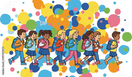 Diverse group of school children walking together.