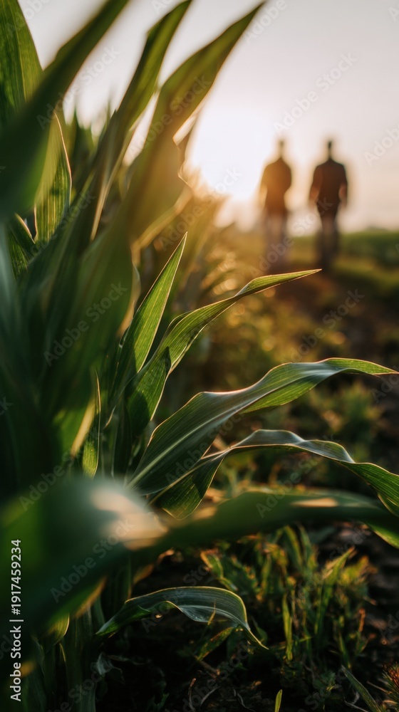 Obraz premium Two farmers walk side by side through a corn field during sunset. A tractor is parked nearby as the sun sets on the horizon. The scene shows the end of a workday in the country
