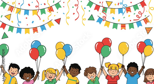 Diverse children celebrating a party with balloons and streamers.