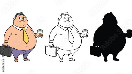 A cartoon businessman holding a coffee cup and briefcase stands with a smile.