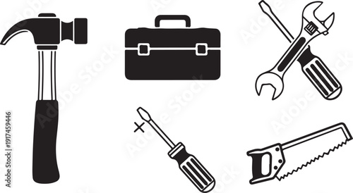 Assorted tools including a hammer, toolbox, wrench, screwdriver, and saw isolated on white background