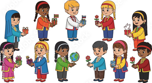 Diverse children in traditional clothing holding gifts.