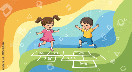 Children playing hopscotch outdoors happily.