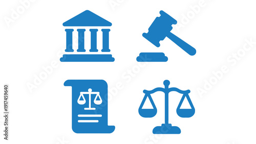 Law icons set including court building, gavel, scales and legal document