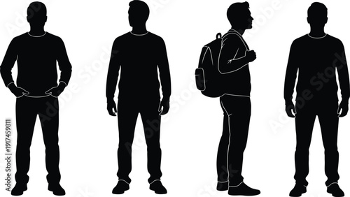 Young man silhouette set in casual outfit with backpack isolated on white background, male character collection