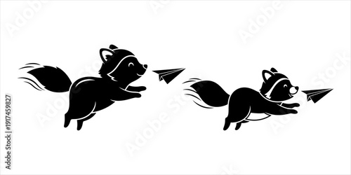 Playful Raccoon with Paper Airplane Flying Against White Background