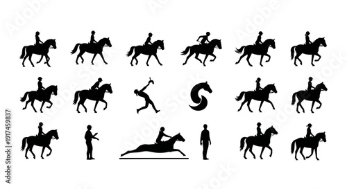 A unique set of twelve black silhouette icons illustrating humans riding horses in varied postures and motion phases. Each icon emphasizes balance, rhythm, and human–animal interaction through 