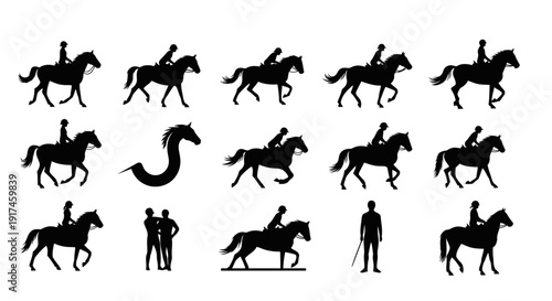 Minimalist black silhouette icon collection featuring twelve distinct equestrian scenes with riders and horses. The icons avoid racing and western clichés, focusing instead on calm movement and symbol