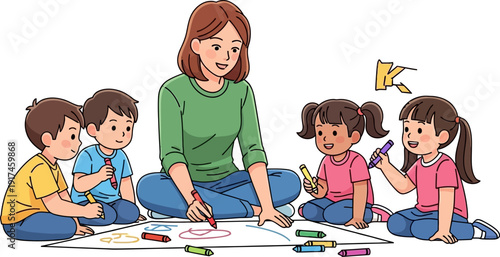 A woman and children drawing on floor.
