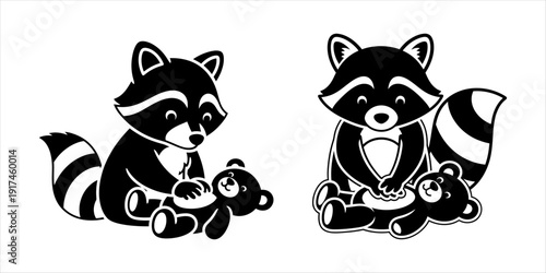 Sweet Raccoons Cuddling and Playing with Small Teddy Bears Illustration