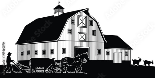 Black vector silhouette of a traditional barn with a farmer plowing a field using an ox and horse for agriculture branding and rural landscape