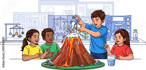 Children making a model volcano erupt.