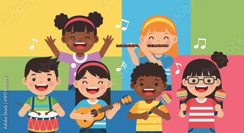 Diverse group of happy children playing music.