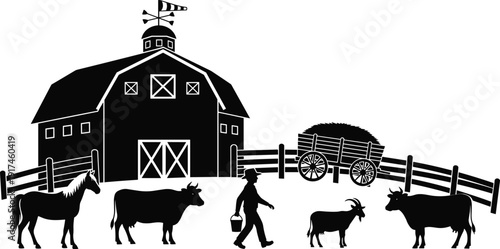 Black vector silhouette set of a traditional farm with a barn farmer livestock animals including cows horse and goat for agriculture branding and rural landscape design