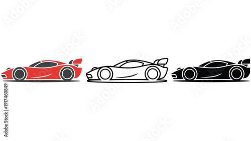 Three stylized sports cars in red, outline, and black.