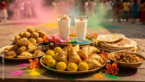 Colorful Indian Holi festival food platter with sweets and snacks on wooden table