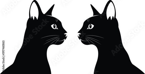 Black vector silhouette set of two domestic cat heads facing each other for pet care veterinary services animal friendship and home life branding design