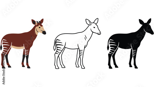 Three stylized okapi illustrations in different color schemes and outlines.
