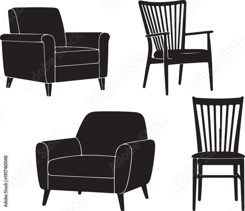 Four elegant chairs and a sofa arranged in a cozy living room setting. isolated on white background