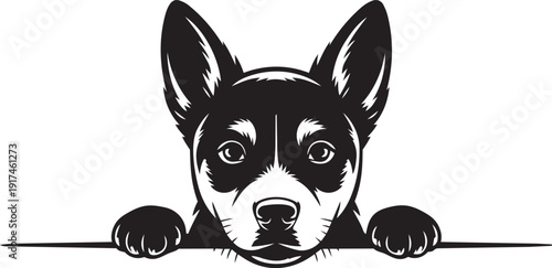 Cute Animal Head and Front Paws Peeking Over Line Silhouette | Black and White Vector Illustration