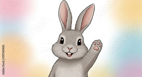 Gray Easter Bunny Waving Hand on Colorful Background