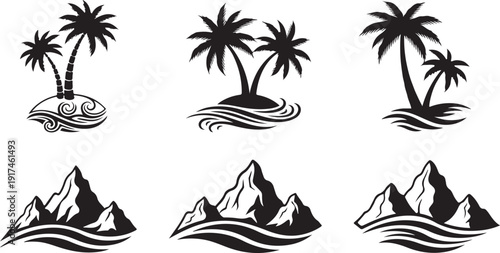Six black and white illustrations of tropical islands and mountain ranges isolated on white background