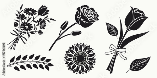 A collection of elegant black and white botanical illustrations featuring various flowers and leaves.