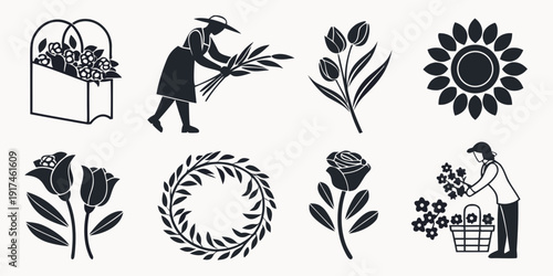 A collection of floral and gardening icons with a woman tending to a plant