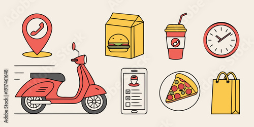 A variety of delivery items including food, drinks, and a scooter for transportation.