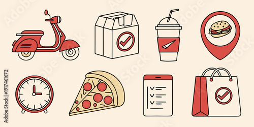 A collection of icons representing various food items, drinks, and activities